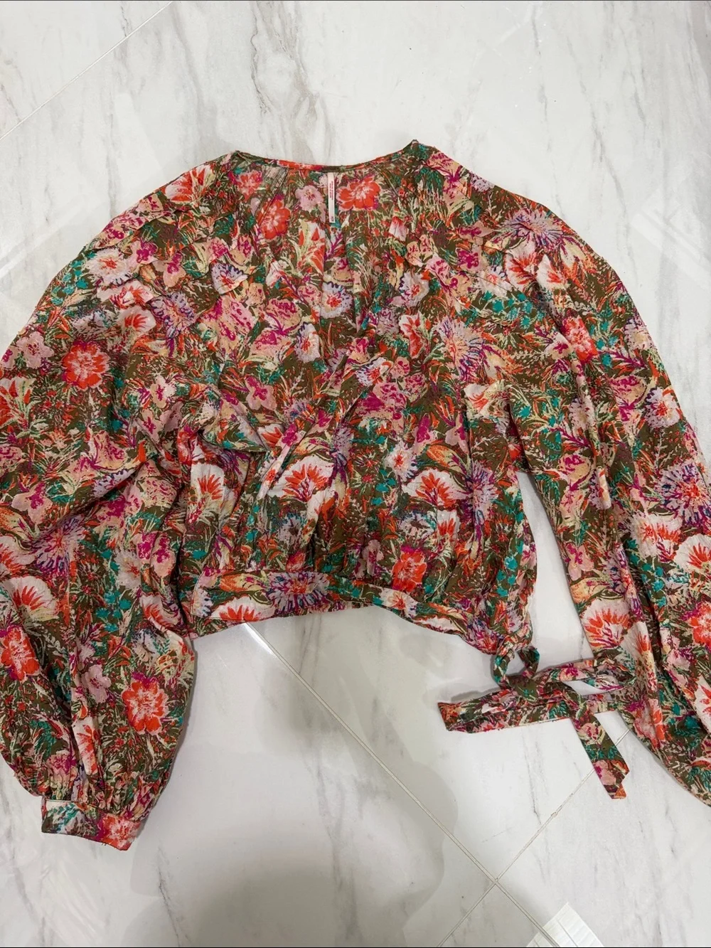 Free People Floral Tie-Waist Puff Sleeve Crop Top - Pink, Green & Brown